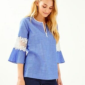 Lilly Pulitzer Crochet-Sleeve Tunic blue lightweight Top Large